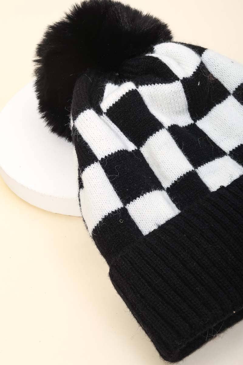 Checkered Pattern Pom Beanie