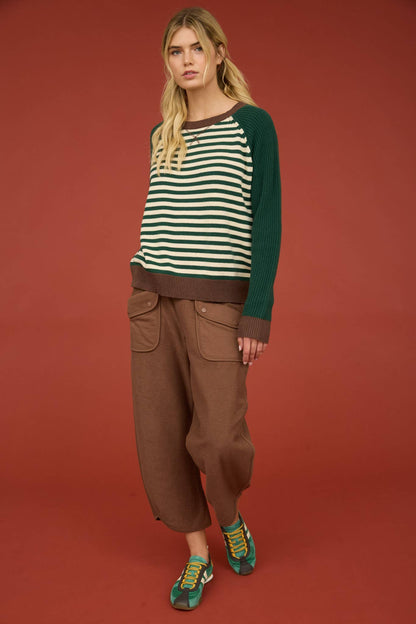 HUNTER GREEN STRIPED COLORBLOCK RAGLAN LONG SLEEVE CREW SWEATER
