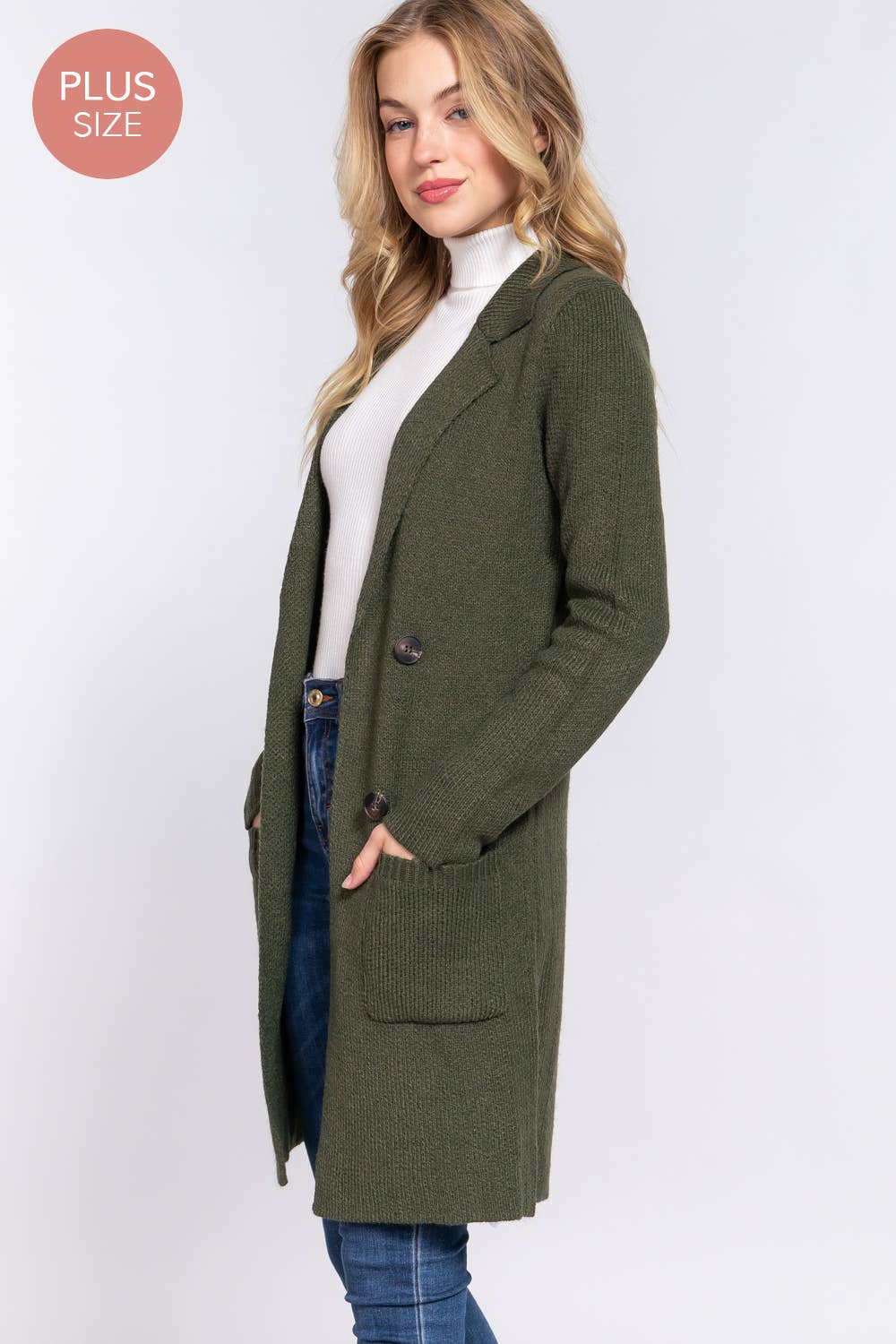 NOTCHED COLLAR SWEATER OLIVE PLUS