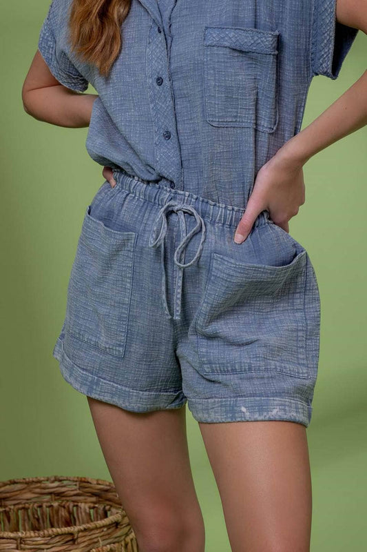 WASHED DRAWSTRING MINI SHORTS: BLUE