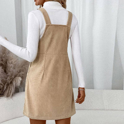 Lovesoft - Corduroy Overall Dress with Pocket: Coffee / 100%Polyester / S