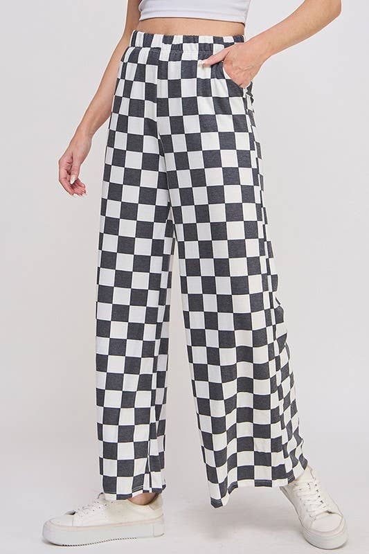 BLACK + WHITE HIGH WAIST CHECKERED STRAIGHT LEG KNIT PANTS