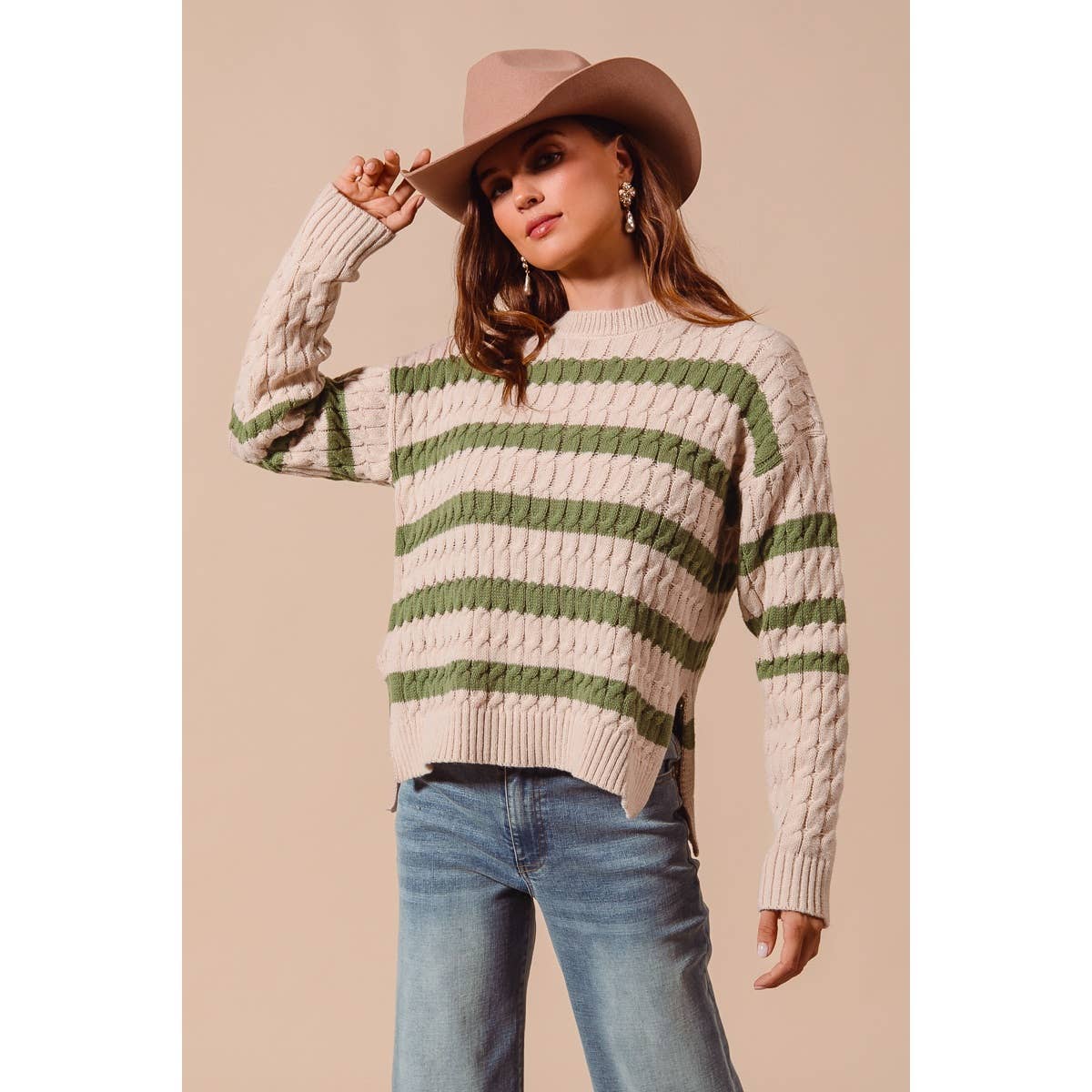 STRIPE CABLE KNIT SWEATER TOP WITH SIDE SLITS