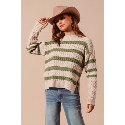 STRIPE CABLE KNIT SWEATER TOP WITH SIDE SLITS