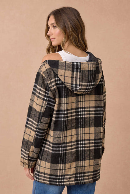 Haptics - Long Sleeve Plaid Button Up Hooded Jacket: KHAKI-BLACK / S