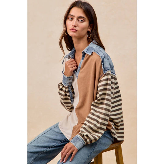 CUT EDGE CHECKER DENIM WAFFLE MIX AND MATCH TOP: OATMEAL/LATTE / L