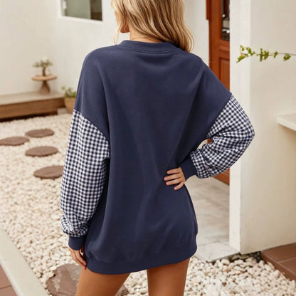 Lovesoft - Plaid Color Block Oversized Sweatshirt Casual Fall Pullover: Light Gray / 65%Polyester+30%Viscose   +5%Elastane / S
