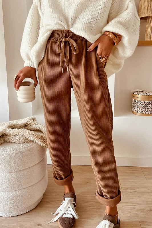 CHESTNUT DRAWSTRING ELASTIC WAIST CASUAL CORDUROY PANTS
