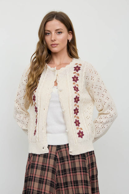 Blu Pepper - FLORAL EMBROIDERY CROCHET KNIT DETAIL CARDIGAN: CREAM