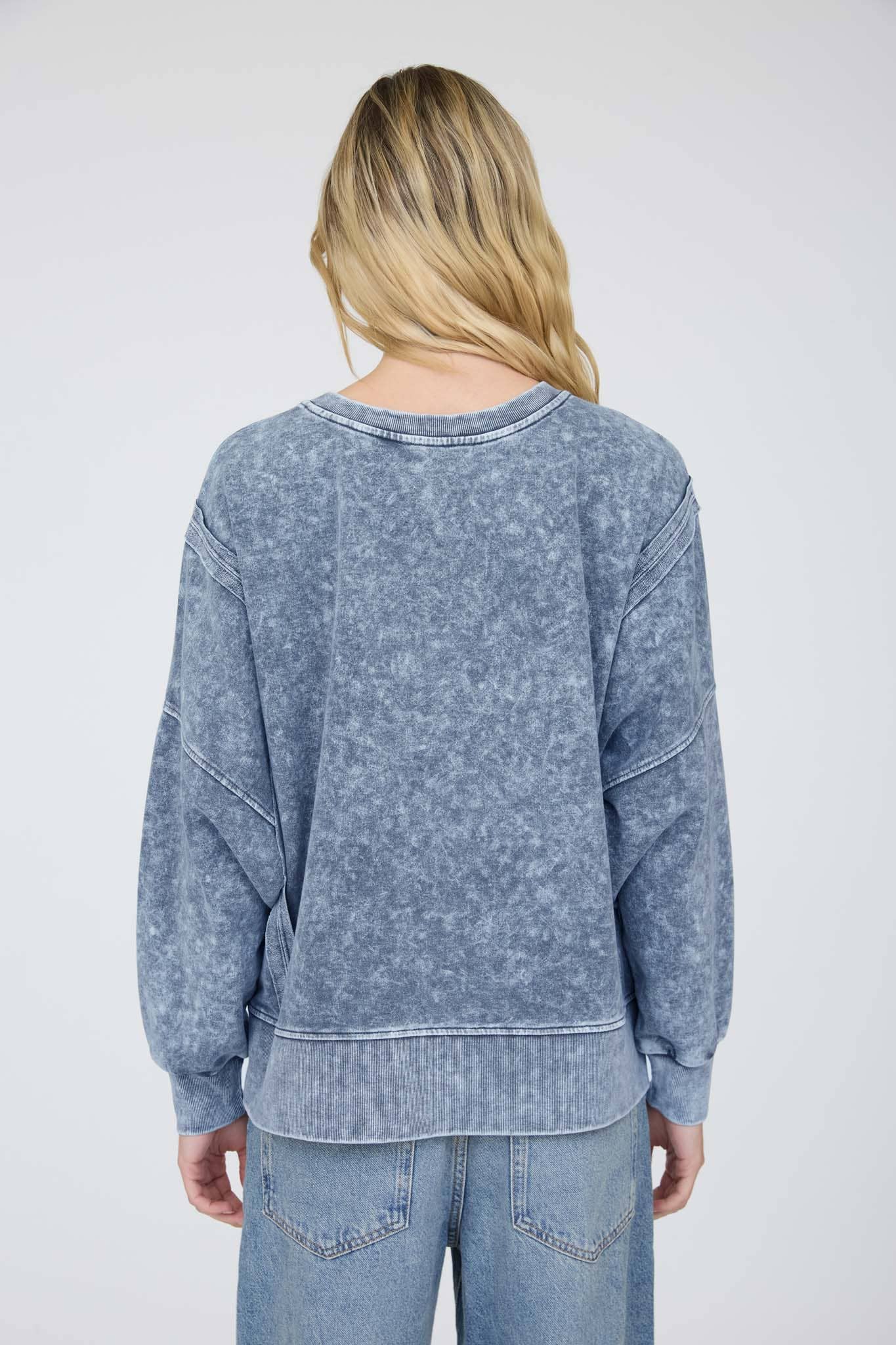 Blu Pepper - ACID WASH LONG SLEEVE SIDE SLIT KNIT TOP: INDIGO BLUE