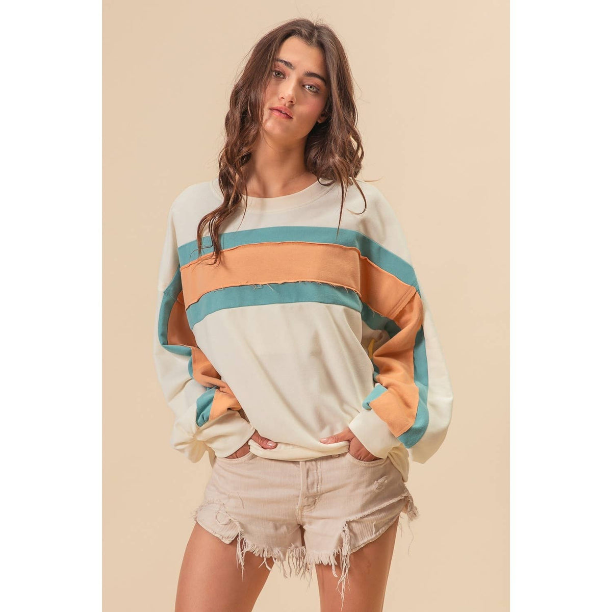 BiBi - FRENCH TERRY COLOR BLOCK SWEATSHIRT: INDIGO/MUSTARD/IVORY / XL