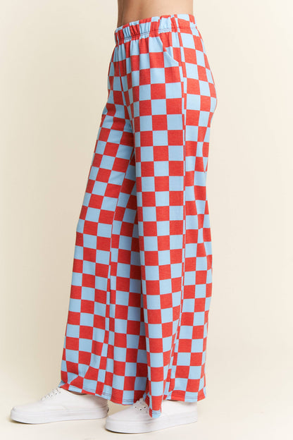JADE BY JANE - HIGH WAIST CHECKERED STRAIGHT LEG KNIT PANTS: ORANGE/WHITE / S