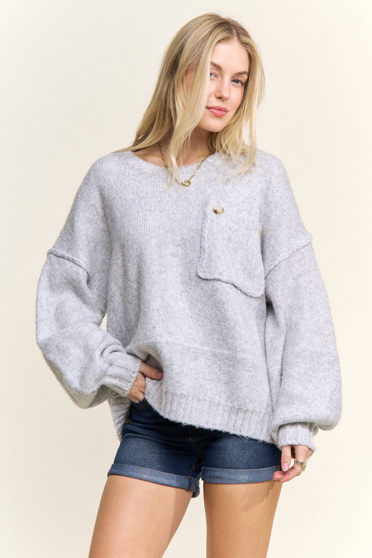 ADORA LA - CESW3943- ROUND NECK LONG SLEEVES KNIT SWEATER: H GREY / S-M-L(2-2-2)