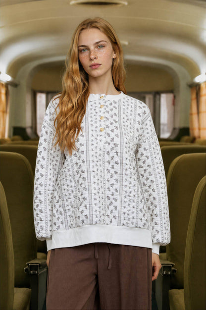 Blu Pepper - FLORAL STRIPE HENLEY QUILTED JACKET: CREAM