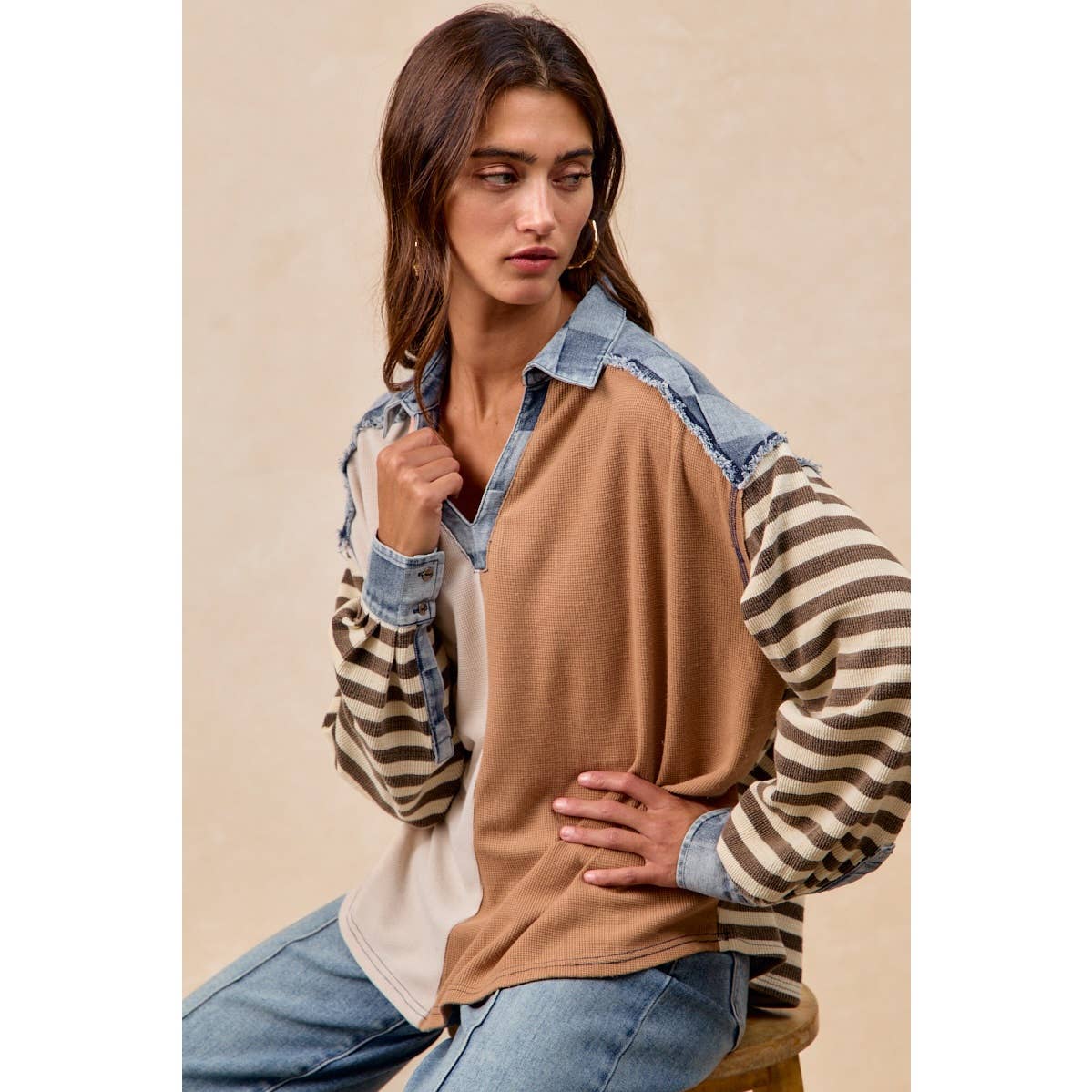 CUT EDGE CHECKER DENIM WAFFLE MIX AND MATCH TOP: OATMEAL/LATTE / L