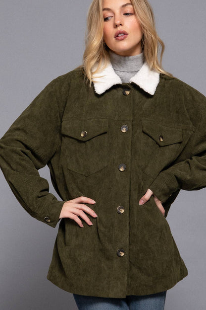 OLIVE FAUX FUR CORDUROY JACKET