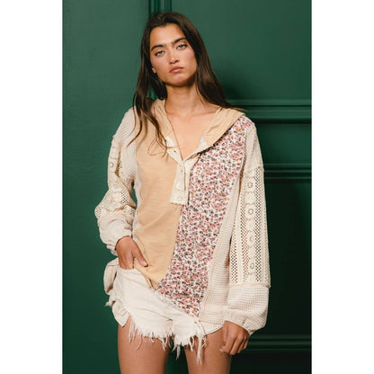 SLUB JERSEY WITH LACE COMBO BUTTONED HOODIE TOP
