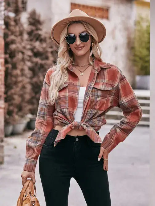 COFFEE CASUAL OVERSIZED LOOSE PLAID FLANNEL