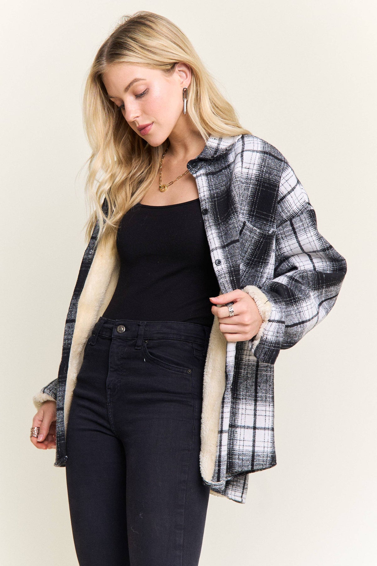 ADORA LA - CEJ4140-PLAID SHERPA-LINED BUTTON DOWN SHACKET: Navy / S-M-L(2-2-2)