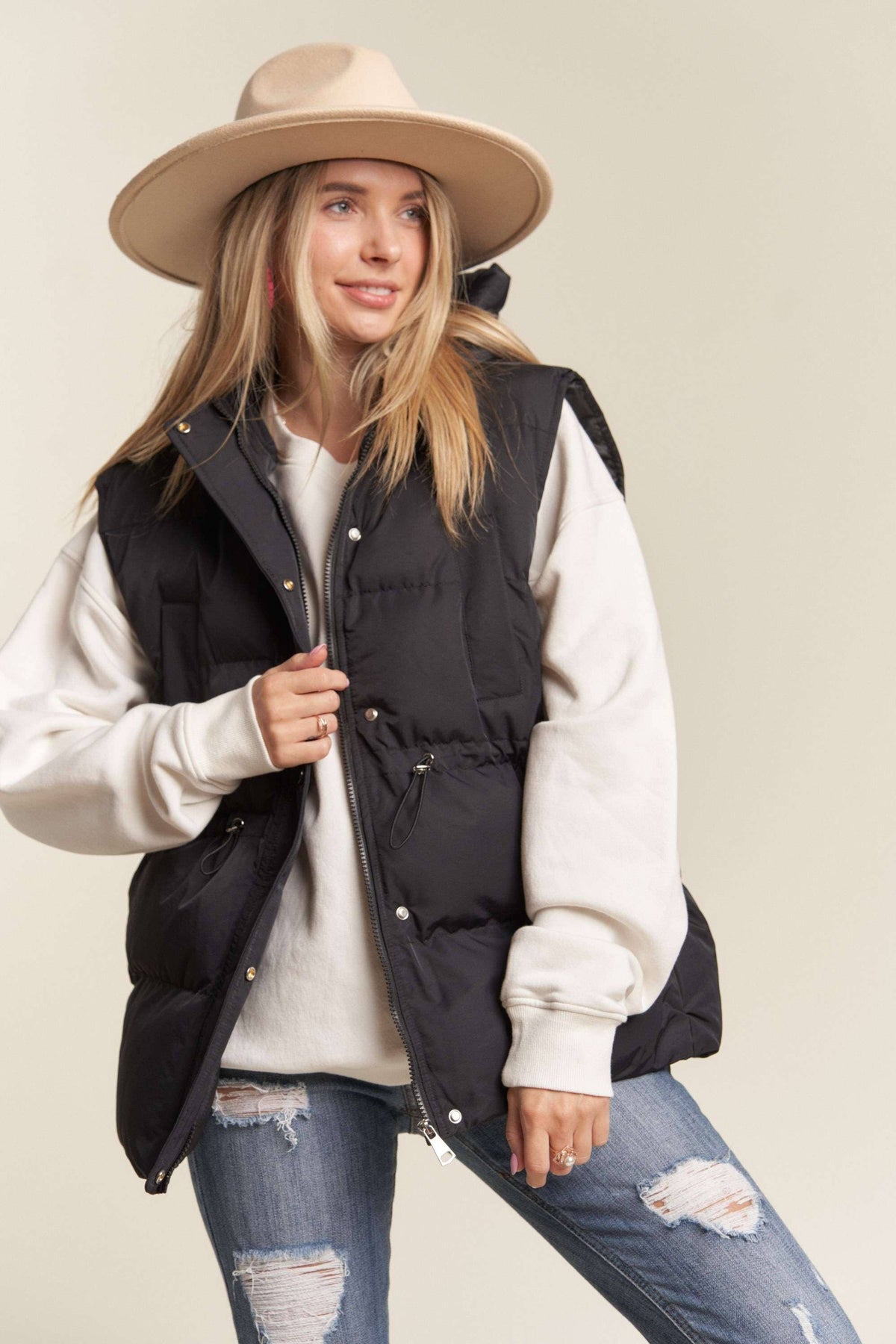 BLACK DRAWSTRING WAIST PUFFER HOODIE VEST
