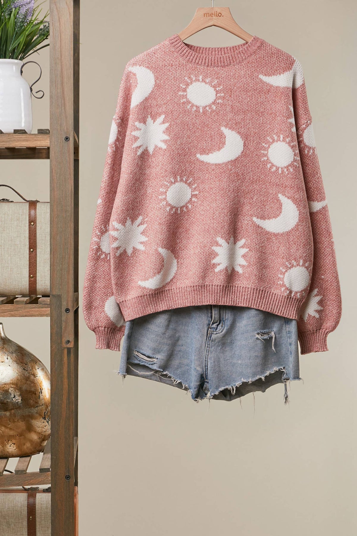 Mello. - Dreamy Moon and Star Pattern Sweater: Olive / S