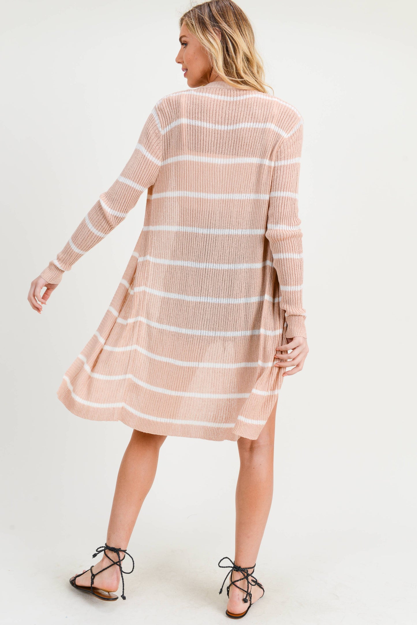 Doe and Rae - L/S Ribbed Xlong Open Cardigan - 1070C: Taupe/White / M