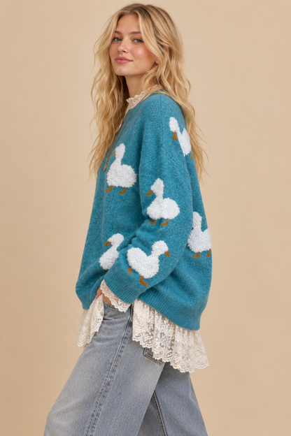 J.NNA - Quack-Me-Up Cozy Knit Duck Sweater: TEAL / L