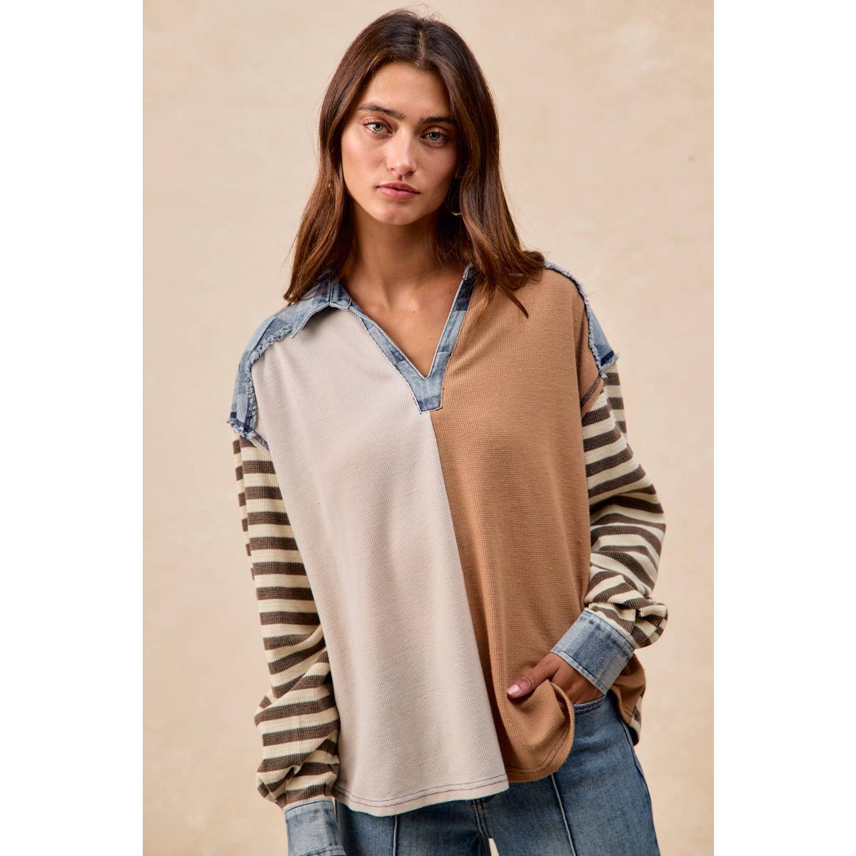 CUT EDGE CHECKER DENIM WAFFLE MIX AND MATCH TOP: OATMEAL/LATTE / L