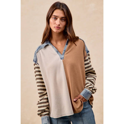 CUT EDGE CHECKER DENIM WAFFLE MIX AND MATCH TOP: OATMEAL/LATTE / L