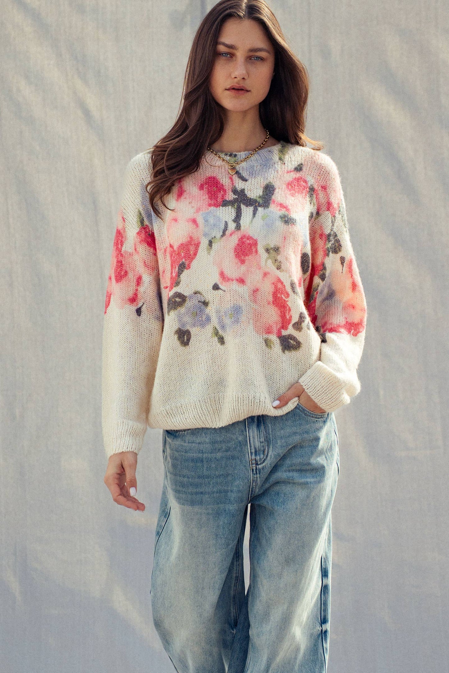OVERSIZED FLORAL PRINT SOFT KNIT SWEATER