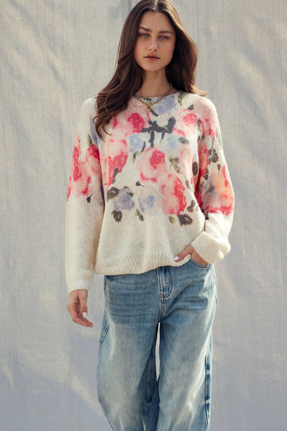 OVERSIZED FLORAL PRINT SOFT KNIT SWEATER