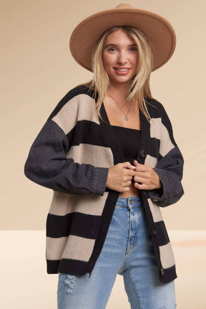 DENIM SLEEVE BLACK STRIPE SWEATER CARDIGAN