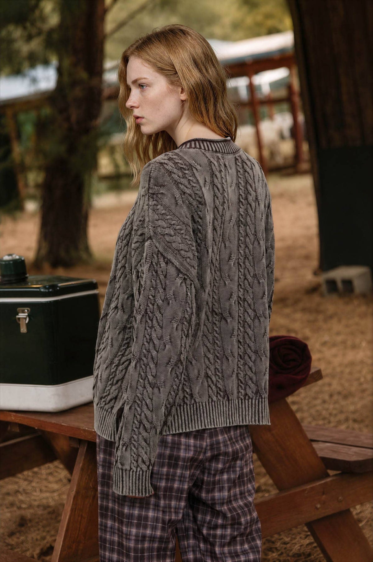 Blu Pepper - WASHED PATTERN CABLE KNIT BUTTON DOWN CARDIGAN: LIGHT KHAKI