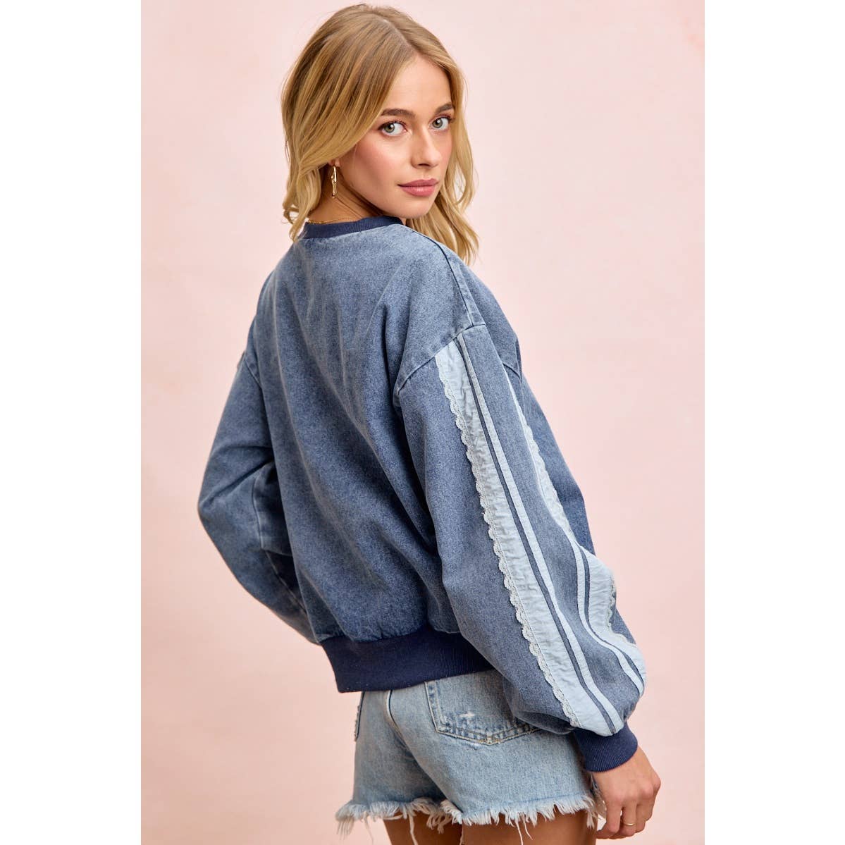 BiBi - WASHED DENIM LACE CONTRAST SIDED SWEATSHIRT TOP: DENIM / S