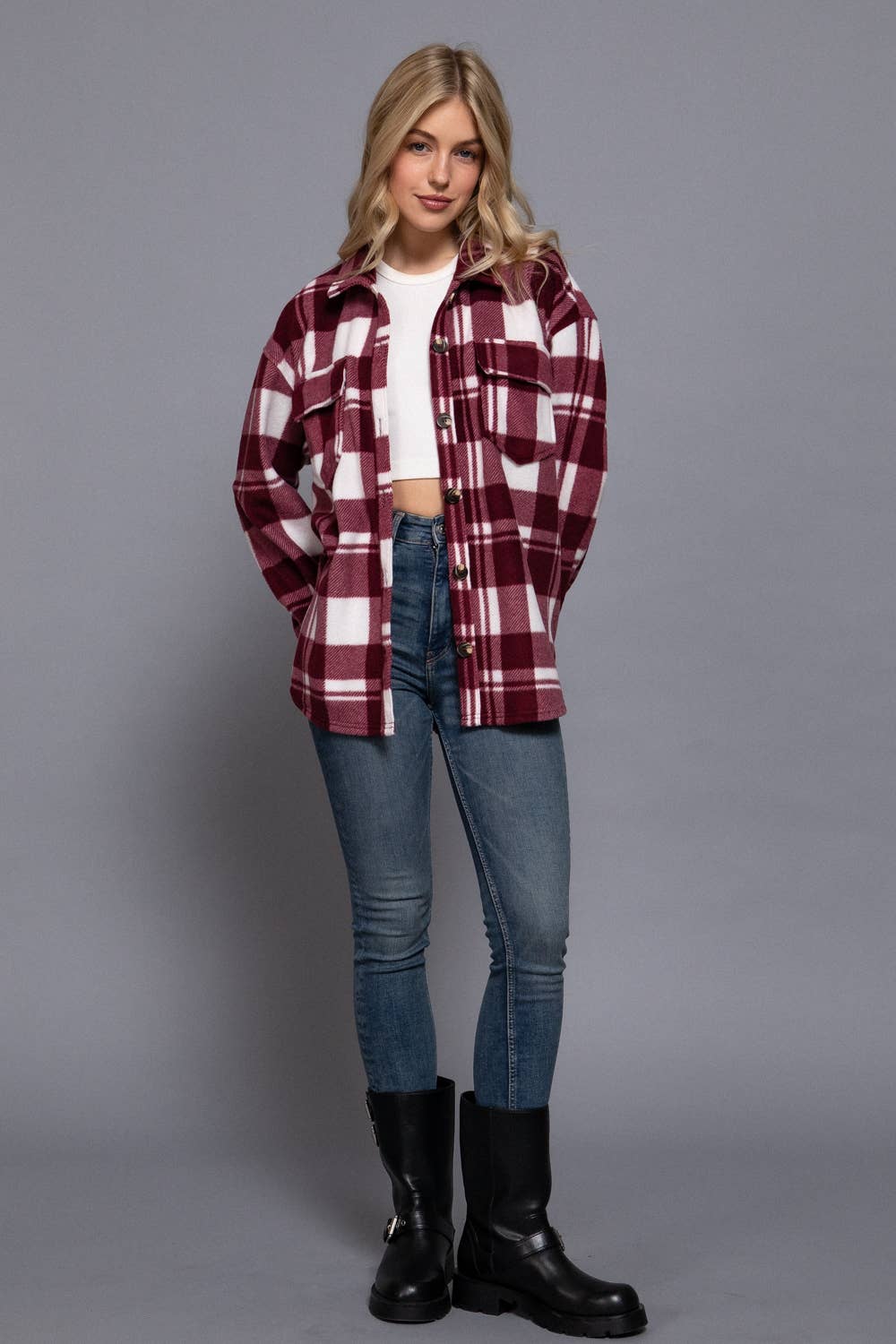 LONG SLEEVE CHECK PRINTED FLEECE SHACKET