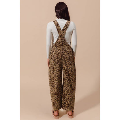 LEOPARD TWILL SLOUCHY BARREL OVERALLS JUMPSUIT