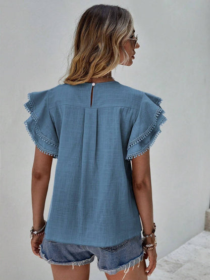 Women's Casual Ruffle Sleeve V-Neck Blouse Soft Cotton Pom Pom Trim Short Sleeve Top