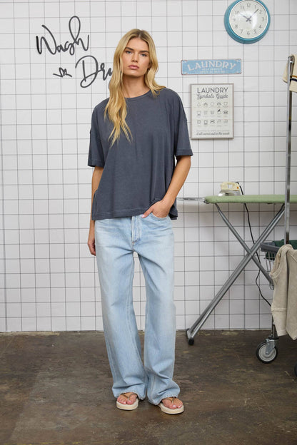 WASHED EXPOSED SEAM RELAXED KNIT T-SHIRT: NAVY