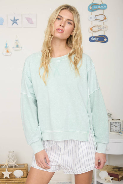 Blu Pepper - ACID WASH LONG SLEEVE SIDE SLIT KNIT TOP: INDIGO BLUE