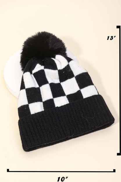 Checkered Pattern Pom Beanie