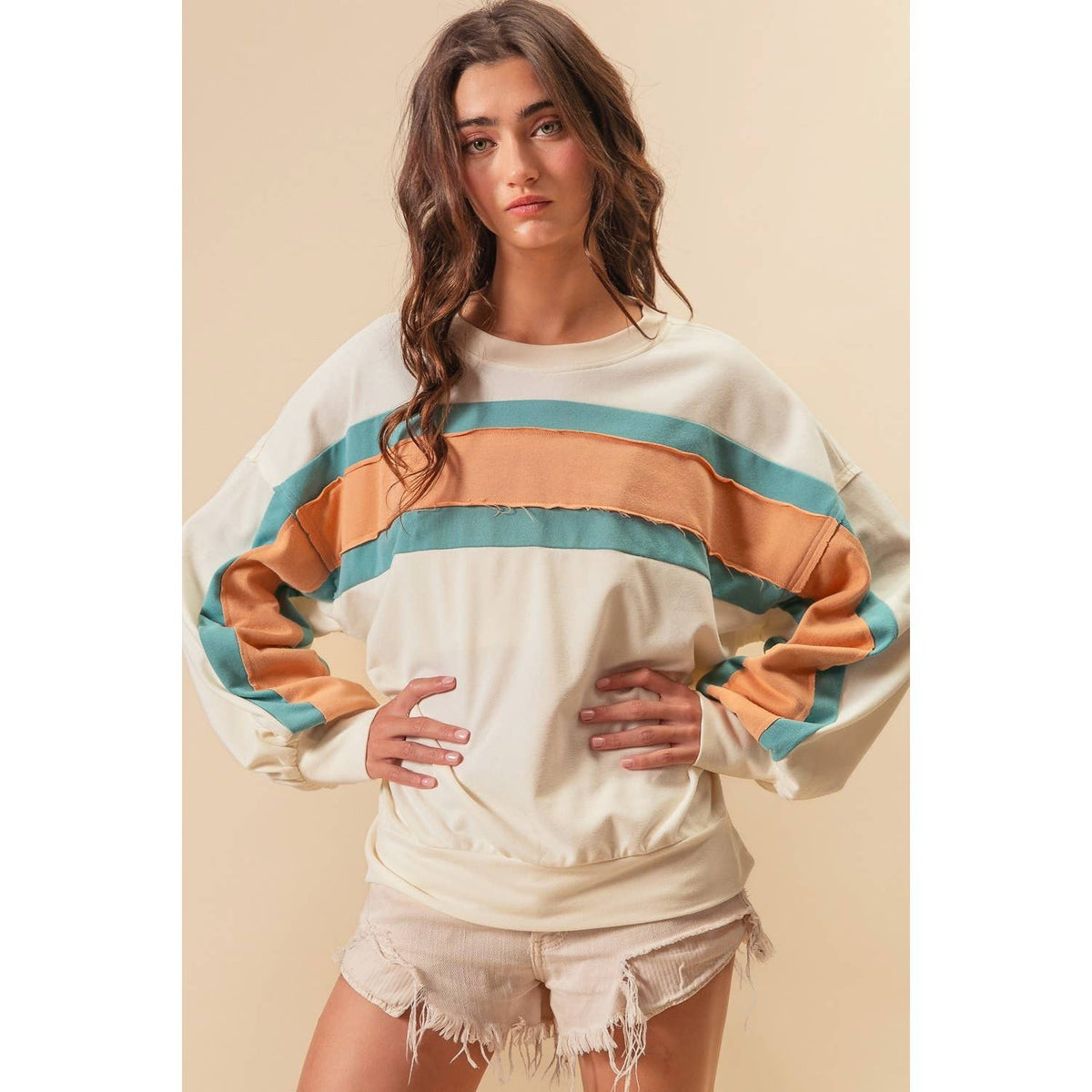 BiBi - FRENCH TERRY COLOR BLOCK SWEATSHIRT: INDIGO/MUSTARD/IVORY / XL