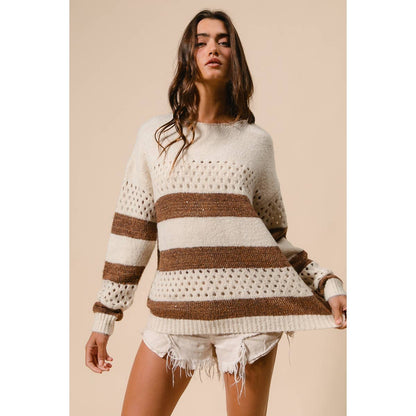 BiBi - STRIPE PATTERNED SWEATER TOP: IVORY/BROWN / M