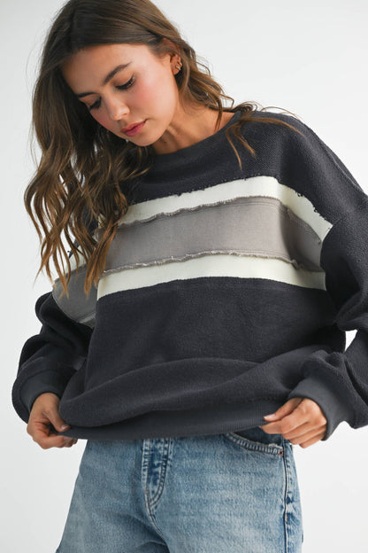 AEMI + CO - 846AD Winnie Sweatshirt: Navy/Ivory/Tan / L / Top
