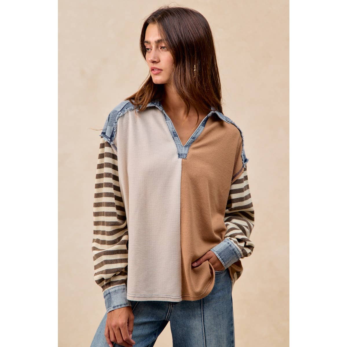 CUT EDGE CHECKER DENIM WAFFLE MIX AND MATCH TOP: OATMEAL/LATTE / L