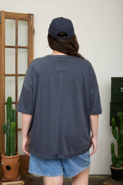PLUS WASHED EXPOSED SEAM RELAXED KNIT T-SHIRT: NAVY