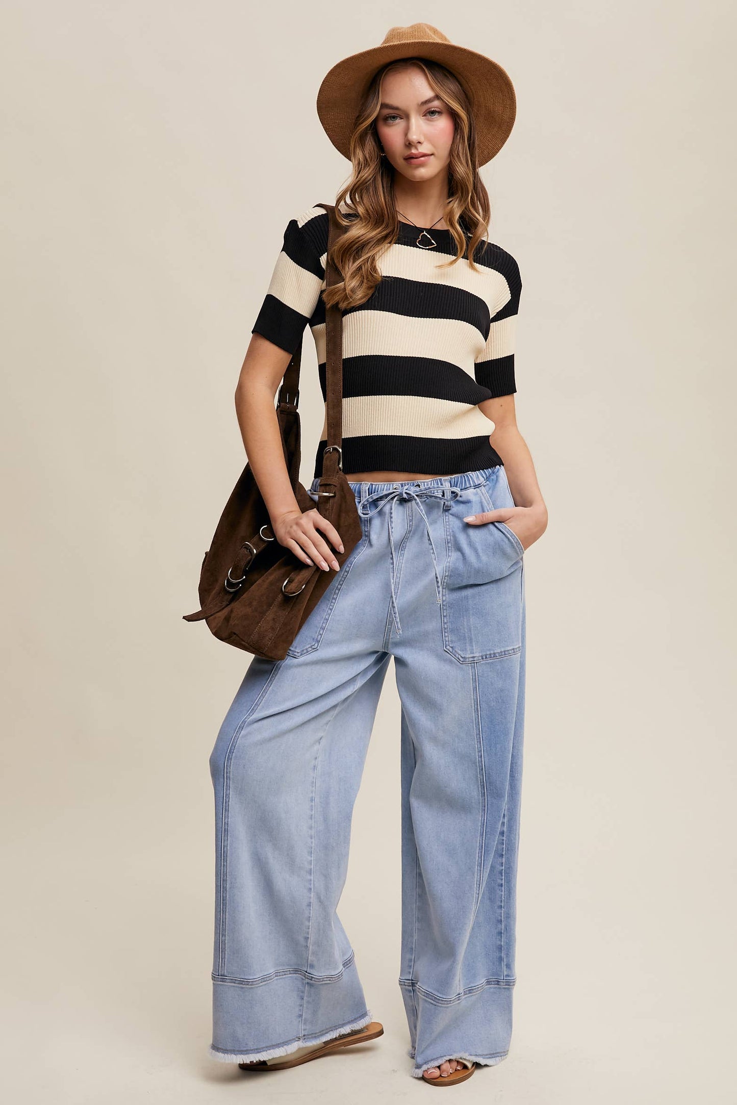 STRIPED RIBBED LIGHT WEIGHT KNIT SWEATER TOP