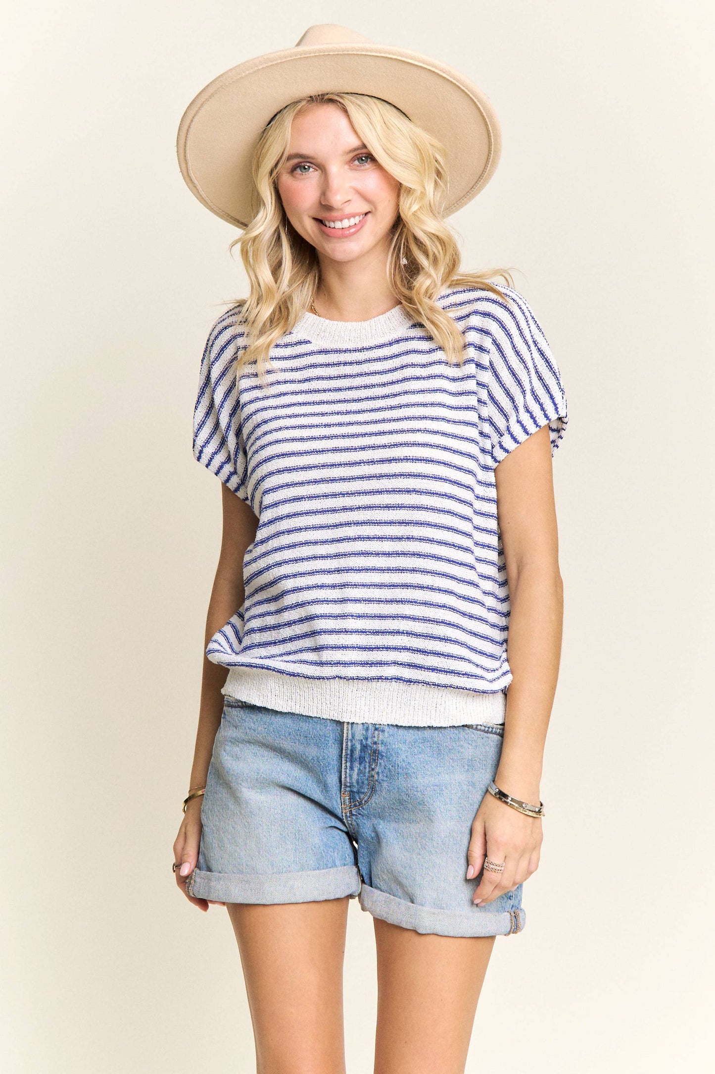 TORI STRIPED CASUAL SHORT SLEEVE KNIT TOP