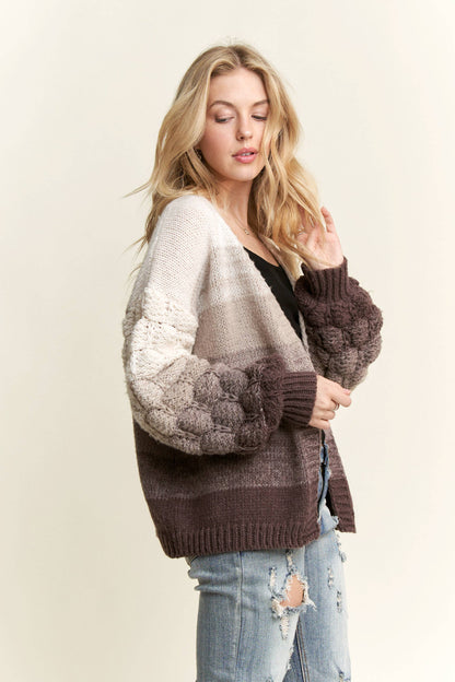 PUFF SLEEVES OMBRE SWEATER CARDIGAN: GREY