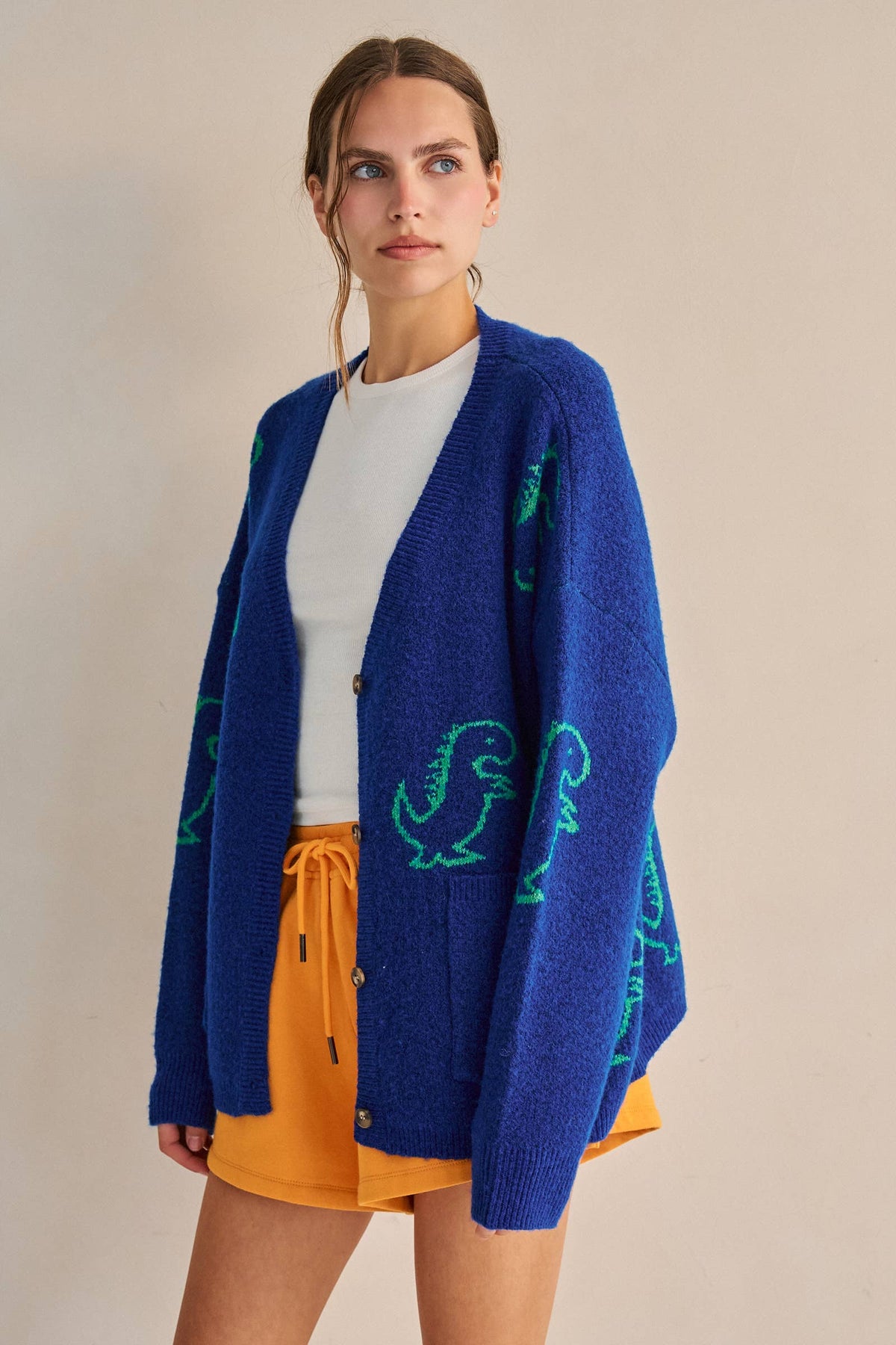 JADE BY JANE - DINOSAUR PATTERN KNIT CARDIGAN: BLACK / S/M