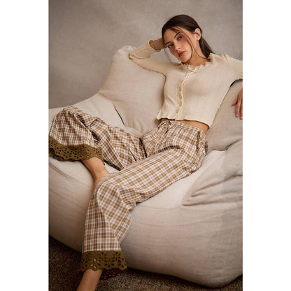 PLAID CHECK WIDE LEG PULL ON WIDE LEG PANTS WITH LACE